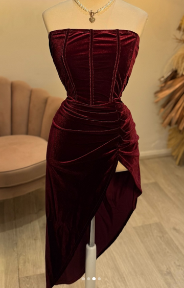 Niulatu Burgundy Strapless Party Dress Bodycon Satin Short Evening Gowns Sexy Birthday Dresses HZ1031